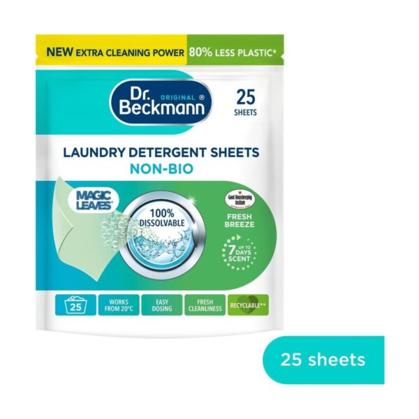 Dr. Beckmann Magic Leaves Non-Bio Laundry Detergent Sheets 25 Washes – Spring Fresh, Eco-Friendly, Pre-Dosed, Green