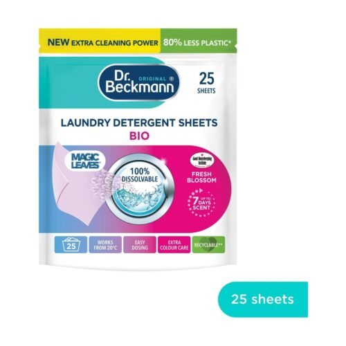 Dr. Beckmann Magic Leaves Bio Laundry Detergent Sheets 25 Washes – Fresh Blossom, Pre-Dosed, Eco-Friendly, Pink Sheets