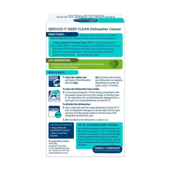 Dr. Beckmann Service‑It Deep Clean Dishwasher Cleaner 75g – Lime Fresh, Includes Door Seal Wipe, Single Treatment