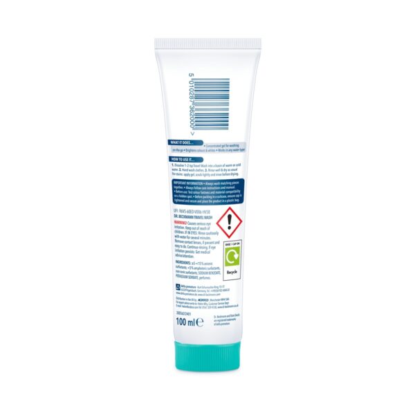 Dr. Beckmann Non-Bio Travel Wash 100ml – 20 Washes, Hand Wash Gel, Whites & Colours, Stain Remover, On-The-Go Laundry