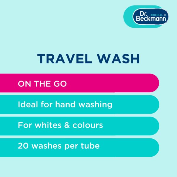 Dr. Beckmann Non-Bio Travel Wash 100ml – 20 Washes, Hand Wash Gel, Whites & Colours, Stain Remover, On-The-Go Laundry