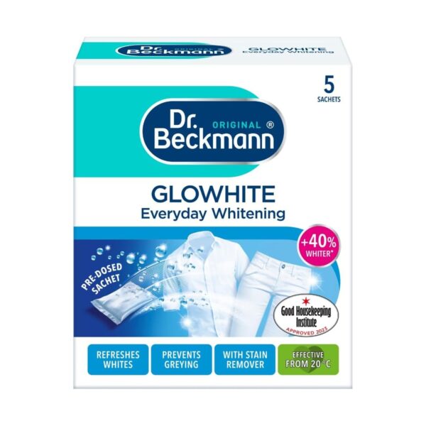 Dr. Beckmann Glowhite Powder 5 x 40g Sachets – Whitens Laundry, Prevents Greying, Removes Stains, Refreshes Whites