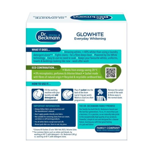 Dr. Beckmann Glowhite Powder 5 x 40g Sachets – Whitens Laundry, Prevents Greying, Removes Stains, Refreshes Whites