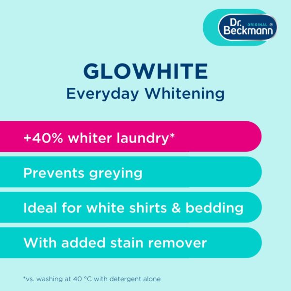 Dr. Beckmann Glowhite Powder 5 x 40g Sachets – Whitens Laundry, Prevents Greying, Removes Stains, Refreshes Whites