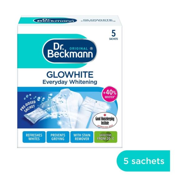 Dr. Beckmann Glowhite Powder 5 x 40g Sachets – Whitens Laundry, Prevents Greying, Removes Stains, Refreshes Whites