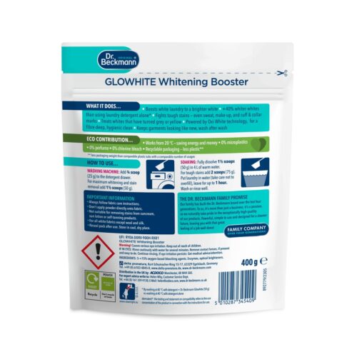 Dr. Beckmann Glowhite Whitening Booster 400g – Laundry Whitener & Stain Remover, Removes 100+ Stains, In-Wash Use