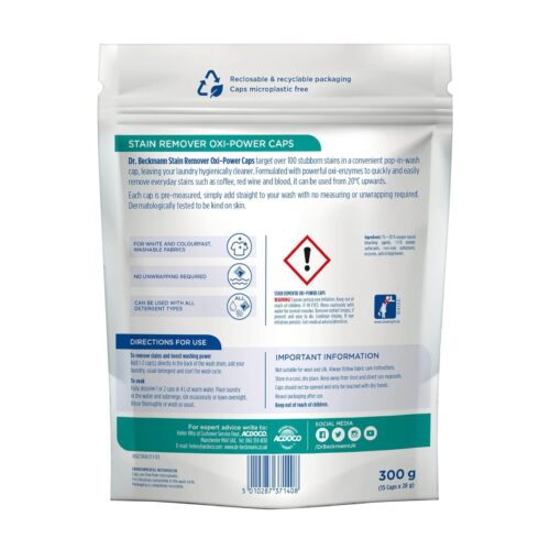 Dr. Beckmann Stain Remover Oxi-Power Caps 15 x 20g – Gentle on Colours & Fabrics, Ready-to-Use Laundry Capsules 6 Dr. Beckmann Stain Remover Oxi-Power Caps 15 x 20g – Gentle on Colours & Fabrics, Ready-to-Use Laundry Capsules
