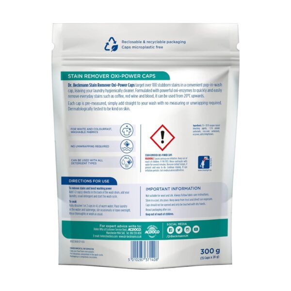 Dr. Beckmann Stain Remover Oxi-Power Caps 15 x 20g – Gentle on Colours & Fabrics, Ready-to-Use Laundry Capsules 1 Dr. Beckmann Stain Remover Oxi-Power Caps 15 x 20g – Gentle on Colours & Fabrics, Ready-to-Use Laundry Capsules