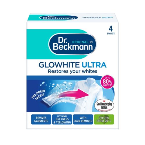 Dr. Beckmann Glowhite Ultra Fabric Whitener 4 x 40g Sachets – Restores Whites, Removes Stains, Treats Greyness, 20°C Wash