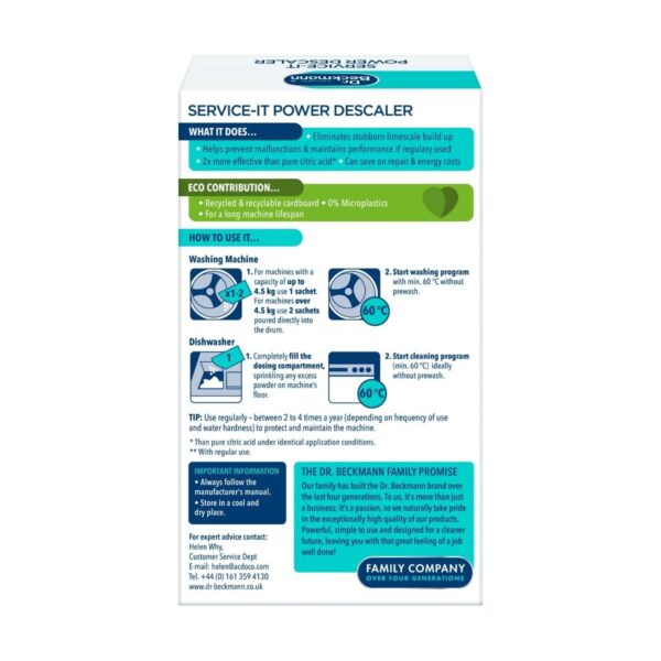 Dr. Beckmann Service-It Power Descaler 2 x 50g – Washing Machine & Dishwasher Cleaner, Removes Limescale Fast
