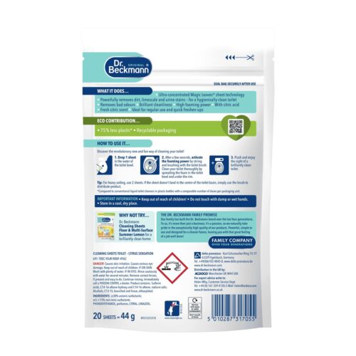 Dr. Beckmann Toilet Cleaning Sheets Citrus Sensation 20 Pack – 100% Dissolvable Foaming Toilet Cleaner, Removes Limescale & Odours