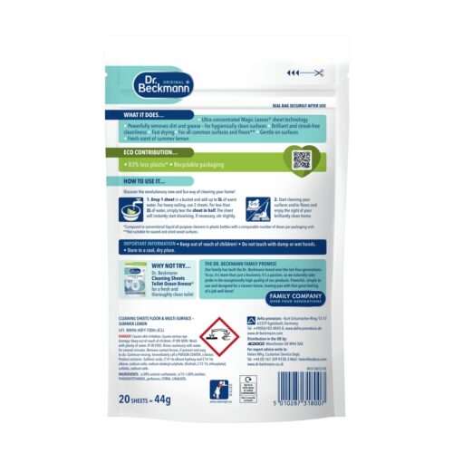 Dr. Beckmann Floor & Multi-Surface Cleaning Sheets 20 Wipes – Summer Lemon, Dissolvable Degreasing Cleaner, Streak-Free Hygienic Shine