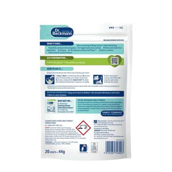 Dr. Beckmann Floor & Multi-Surface Cleaning Sheets 20 Wipes – Summer Lemon, Dissolvable Degreasing Cleaner, Streak-Free Hygienic Shine