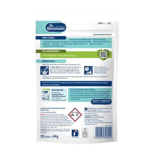 Dr. Beckmann Floor & Multi-Surface Cleaning Sheets 20 Wipes – Spring Fresh, Dissolvable Degreasing Cleaner, Streak-Free Hygienic Shine