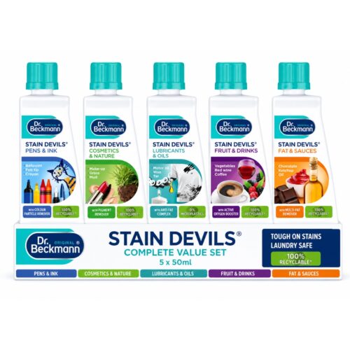 Dr. Beckmann Stain Devils Complete Value Pack (5 Pack x 50ml) – Pen & Ink, Cosmetics, Grease & Oil, Fruit & Drink, Fat & Sauces