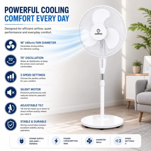 16″ Oscillating Pedestal Fan 40cm White – 3 Speed Settings, Silent Motor, Adjustable Tilt & 70° Oscillation