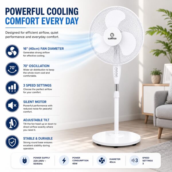 16″ Oscillating Pedestal Fan 40cm White – 3 Speed Settings, Silent Motor, Adjustable Tilt & 70° Oscillation