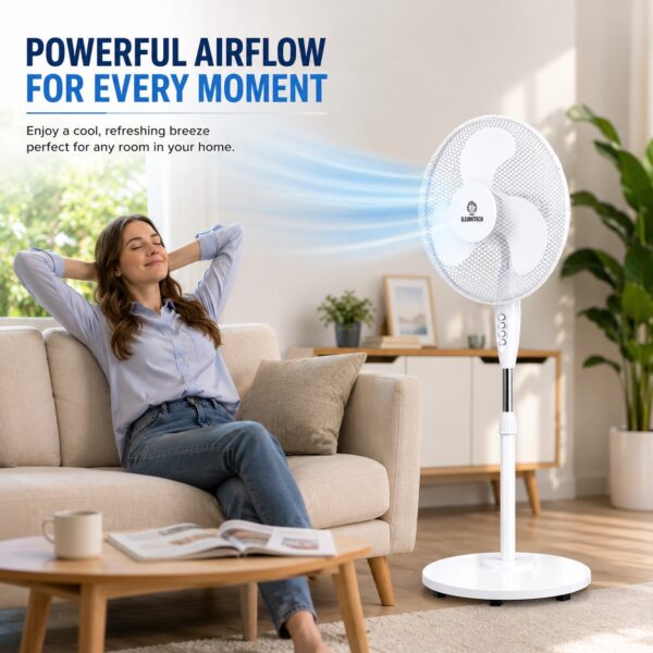16″ Oscillating Pedestal Fan 40cm White – 3 Speed Settings, Silent Motor, Adjustable Tilt & 70° Oscillation