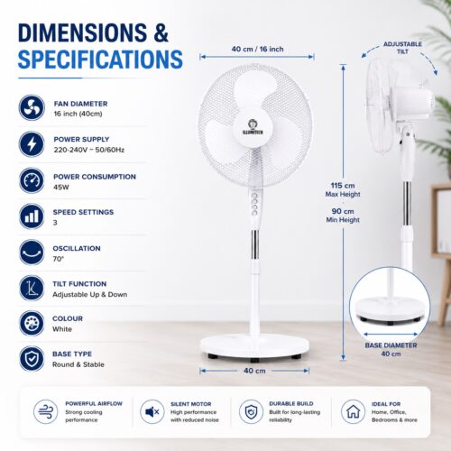 16″ Oscillating Pedestal Fan 40cm White – 3 Speed Settings, Silent Motor, Adjustable Tilt & 70° Oscillation