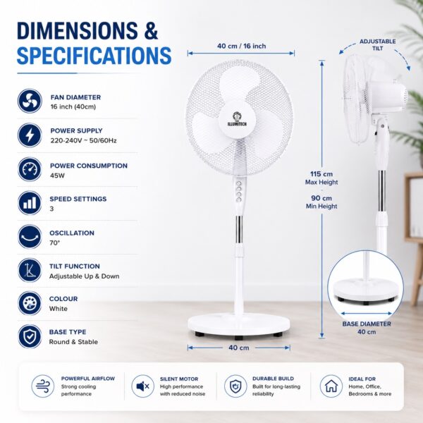 16″ Oscillating Pedestal Fan 40cm White – 3 Speed Settings, Silent Motor, Adjustable Tilt & 70° Oscillation