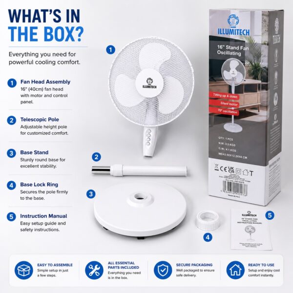 16″ Oscillating Pedestal Fan 40cm White – 3 Speed Settings, Silent Motor, Adjustable Tilt & 70° Oscillation