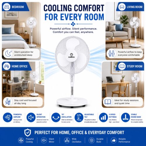 16″ Oscillating Pedestal Fan 40cm White – 3 Speed Settings, Silent Motor, Adjustable Tilt & 70° Oscillation