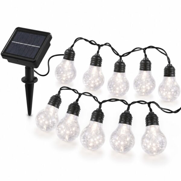 Solar Powered 10 Bulb String Lights (2.7M) – White LED, Flashing & Steady Modes, IP44 Water-Resistant Outdoor Lights 1 Solar Powered 10 Bulb String Lights (2.7M) – White LED, Flashing & Steady Modes, IP44 Water-Resistant Outdoor Lights