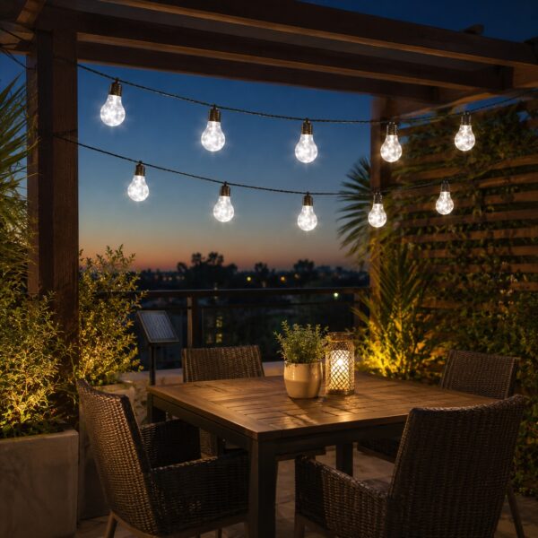 Solar Powered 10 Bulb String Lights (2.7M) – White LED, Flashing & Steady Modes, IP44 Water-Resistant Outdoor Lights 3 Solar Powered 10 Bulb String Lights (2.7M) – White LED, Flashing & Steady Modes, IP44 Water-Resistant Outdoor Lights