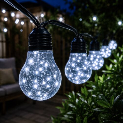 Solar Powered 10 Bulb String Lights (2.7M) – White LED, Flashing & Steady Modes, IP44 Water-Resistant Outdoor Lights