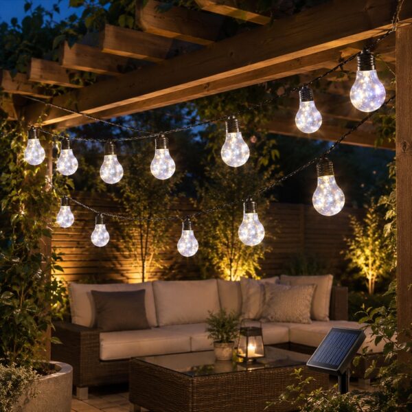 Solar Powered 10 Bulb String Lights (2.7M) – White LED, Flashing & Steady Modes, IP44 Water-Resistant Outdoor Lights 4 Solar Powered 10 Bulb String Lights (2.7M) – White LED, Flashing & Steady Modes, IP44 Water-Resistant Outdoor Lights
