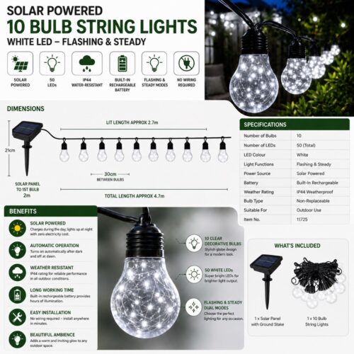 Solar Powered 10 Bulb String Lights (2.7M) – White LED, Flashing & Steady Modes, IP44 Water-Resistant Outdoor Lights 13 Solar Powered 10 Bulb String Lights (2.7M) – White LED, Flashing & Steady Modes, IP44 Water-Resistant Outdoor Lights