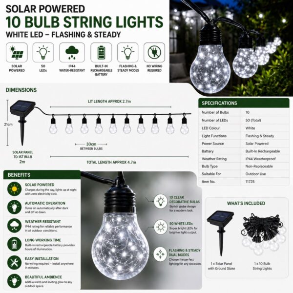 Solar Powered 10 Bulb String Lights (2.7M) – White LED, Flashing & Steady Modes, IP44 Water-Resistant Outdoor Lights 6 Solar Powered 10 Bulb String Lights (2.7M) – White LED, Flashing & Steady Modes, IP44 Water-Resistant Outdoor Lights