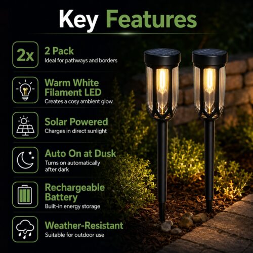 Solar Garden LED Path Lights 2 Pack (33 x 7cm) – Warm White Filament LED, Solar Powered, Auto On at Dusk, Outdoor Pathway & Garden Lighting
