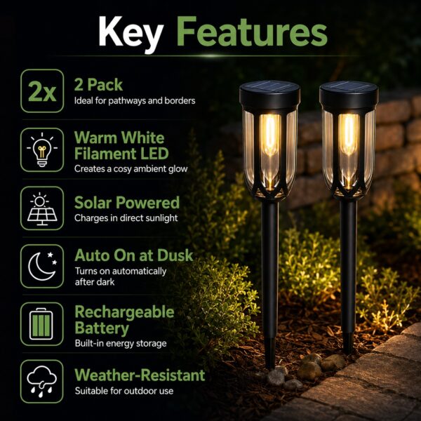 Solar Garden LED Path Lights 2 Pack (33 x 7cm) – Warm White Filament LED, Solar Powered, Auto On at Dusk, Outdoor Pathway & Garden Lighting