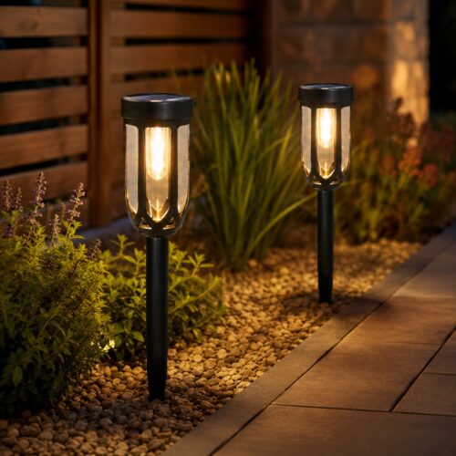 Solar Garden LED Path Lights 2 Pack (33 x 7cm) – Warm White Filament LED, Solar Powered, Auto On at Dusk, Outdoor Pathway & Garden Lighting