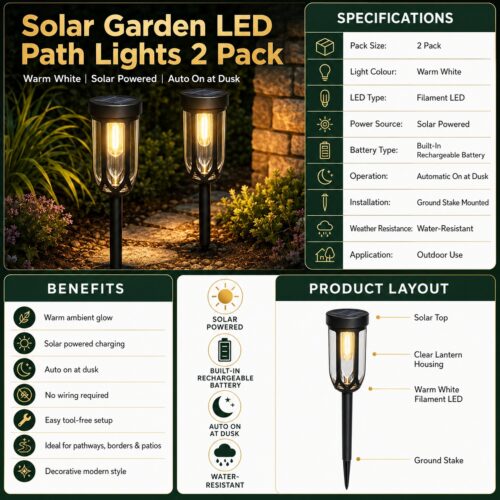 Solar Garden LED Path Lights 2 Pack (33 x 7cm) – Warm White Filament LED, Solar Powered, Auto On at Dusk, Outdoor Pathway & Garden Lighting