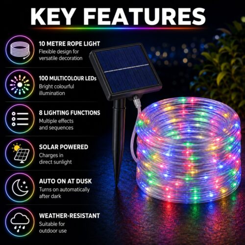 Solar Powered Multifunction Rope Light (10M) – 100 Multicolour LEDs, 8 Lighting Functions, Outdoor Garden & Decorative String Light 9 Solar Powered Multifunction Rope Light (10M) – 100 Multicolour LEDs, 8 Lighting Functions, Outdoor Garden & Decorative String Light
