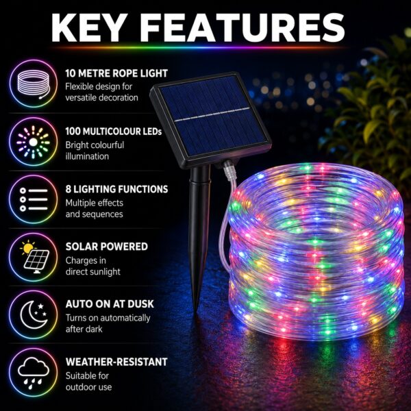 Solar Powered Multifunction Rope Light (10M) – 100 Multicolour LEDs, 8 Lighting Functions, Outdoor Garden & Decorative String Light 2 Solar Powered Multifunction Rope Light (10M) – 100 Multicolour LEDs, 8 Lighting Functions, Outdoor Garden & Decorative String Light
