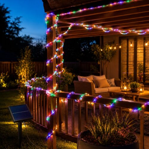 Solar Powered Multifunction Rope Light (10M) – 100 Multicolour LEDs, 8 Lighting Functions, Outdoor Garden & Decorative String Light 10 Solar Powered Multifunction Rope Light (10M) – 100 Multicolour LEDs, 8 Lighting Functions, Outdoor Garden & Decorative String Light