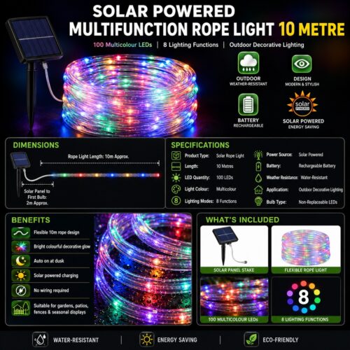 Solar Powered Multifunction Rope Light (10M) – 100 Multicolour LEDs, 8 Lighting Functions, Outdoor Garden & Decorative String Light 13 Solar Powered Multifunction Rope Light (10M) – 100 Multicolour LEDs, 8 Lighting Functions, Outdoor Garden & Decorative String Light