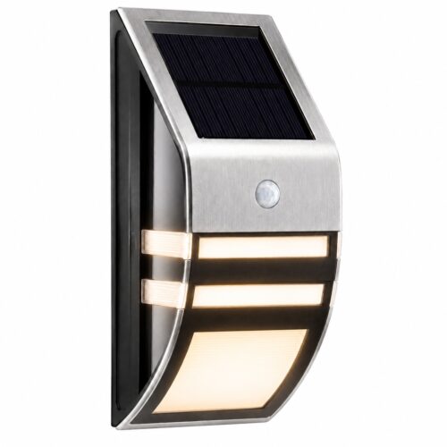 Solar Powered Stainless Steel Motion Sensor Security Light (17 x 7.8 x 5cm) – 3-5m 90° Auto Sensor, Rechargeable Outdoor Fence Light