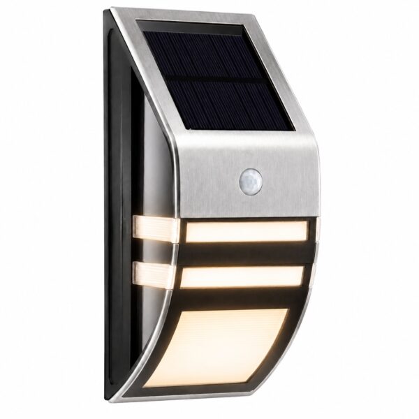 Solar Powered Stainless Steel Motion Sensor Security Light (17 x 7.8 x 5cm) – 3-5m 90° Auto Sensor, Rechargeable Outdoor Fence Light