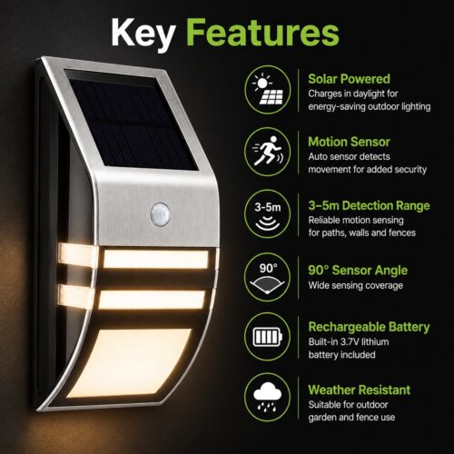 Solar Powered Stainless Steel Motion Sensor Security Light (17 x 7.8 x 5cm) – 3-5m 90° Auto Sensor, Rechargeable Outdoor Fence Light
