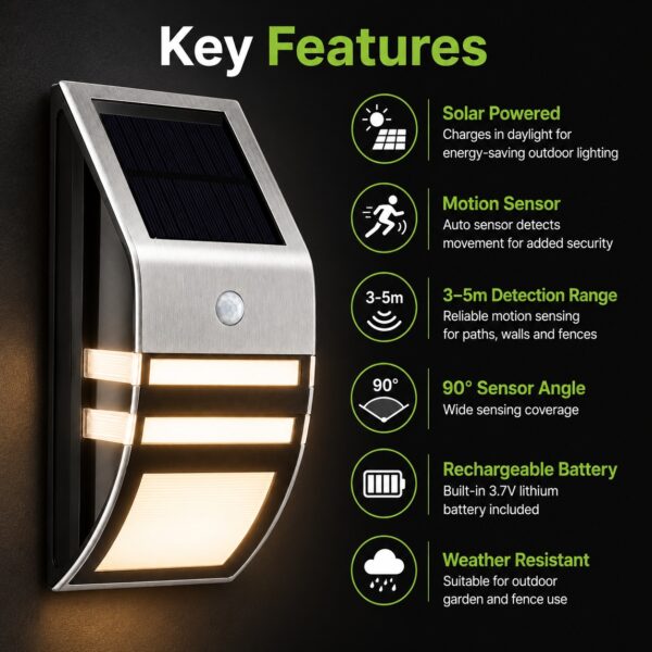 Solar Powered Stainless Steel Motion Sensor Security Light (17 x 7.8 x 5cm) – 3-5m 90° Auto Sensor, Rechargeable Outdoor Fence Light