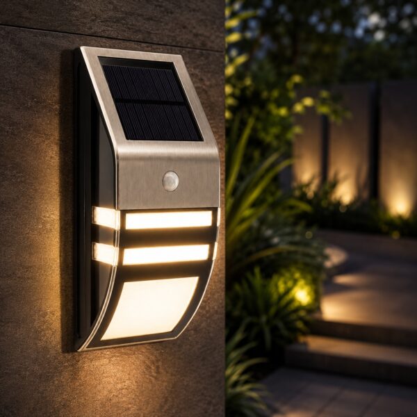 Solar Powered Stainless Steel Motion Sensor Security Light (17 x 7.8 x 5cm) – 3-5m 90° Auto Sensor, Rechargeable Outdoor Fence Light