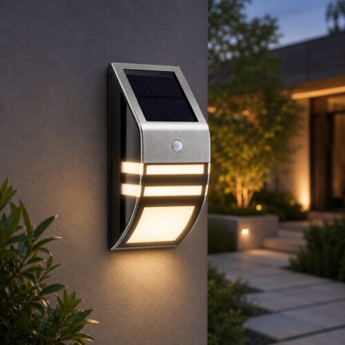Solar Powered Stainless Steel Motion Sensor Security Light (17 x 7.8 x 5cm) – 3-5m 90° Auto Sensor, Rechargeable Outdoor Fence Light