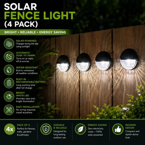 Solar Fence Light 4 Pack (11 x 11 x 4.4cm) – Bright White LED, Solar Powered, Water-Resistant, Rechargeable Outdoor Wall Light