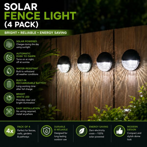 Solar Fence Light 4 Pack (11 x 11 x 4.4cm) – Bright White LED, Solar Powered, Water-Resistant, Rechargeable Outdoor Wall Light