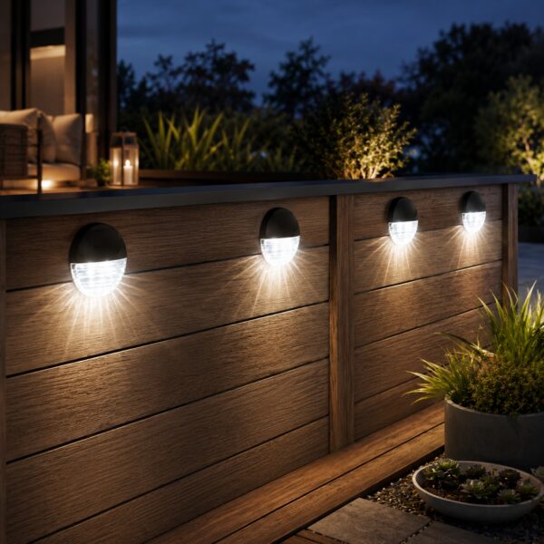 Solar Fence Light 4 Pack (11 x 11 x 4.4cm) – Bright White LED, Solar Powered, Water-Resistant, Rechargeable Outdoor Wall Light