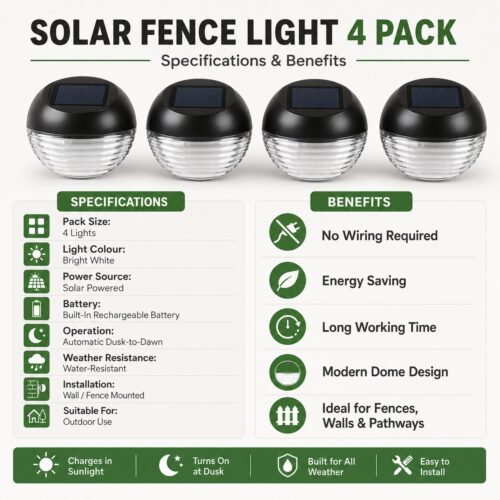 Solar Fence Light 4 Pack (11 x 11 x 4.4cm) – Bright White LED, Solar Powered, Water-Resistant, Rechargeable Outdoor Wall Light